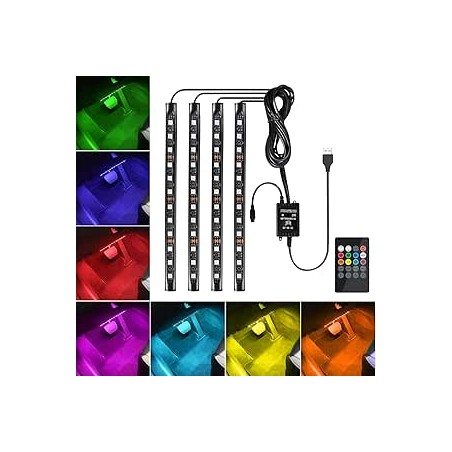 Favoto 4x12 LED Lumière de Voiture, Éclairage d'ambiance Intérieur de Auto avec Port USB et Télécommande, Bande de Lampe Couleur