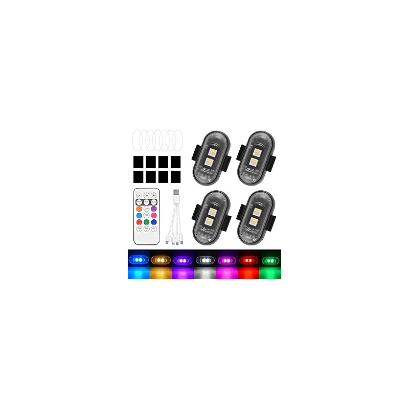 Set de 4 lumières de drone stroboscopiques à télécommande pour voiture, lumières LED flash, 7 couleurs, lumières anti-collision 
