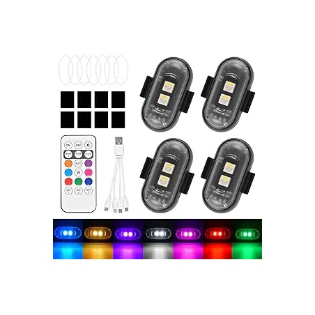 Set de 4 lumières de drone stroboscopiques à télécommande pour voiture, lumières LED flash, 7 couleurs, lumières anti-collision 