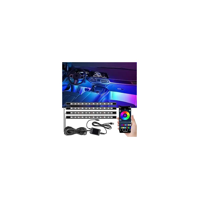 Éclairage Intérieur de Voiture, Bande LED Voiture Interieu, Eclairage d'ambiance avec 4 pièces 48 RGB, Contrôle APP, Port USB, É