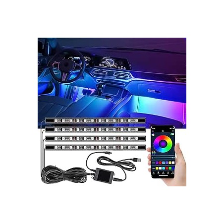Éclairage Intérieur de Voiture, Bande LED Voiture Interieu, Eclairage d'ambiance avec 4 pièces 48 RGB, Contrôle APP, Port USB, É