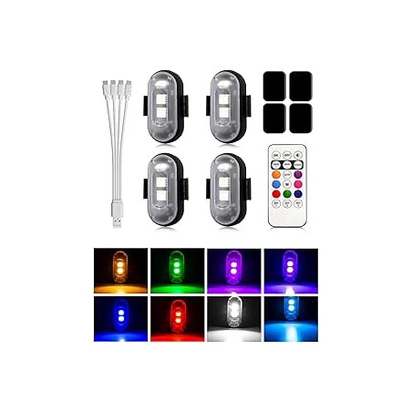 Lot de 4 LED Lampe Stroboscopique pour Voiture Mini LED avec Télécommande sans fil 8 Couleurs Trois Luminosités et Chargement US