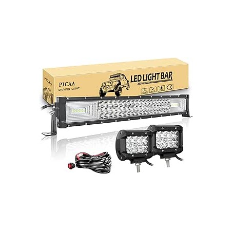 PICAA Barre lumineuse LED, Triple Rangée 7D 22 pouces 270W LED Lampe de travail Spot inondation Combo, avec 2X 4 pouces LED Pods