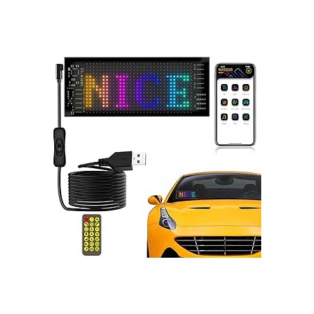 Panneau LED pour voiture – 17 x 7 cm avec application Bluetooth/télécommande, panneau LED flexible et programmable à défilement,