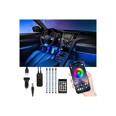 Éclairage LED Voiture Intérieur, TASMOR Ruban LED RGB pour Voiture avec Télécommande et Port USB, Bluetooth APP Contrôle, 48 LED