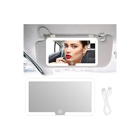 JIZZU Miroir Pare Soleil Voiture, Miroir LED de Courtoisie avec 3 modes Lumières Rechargeable pour Pare-soleil de Voiture, Dossi