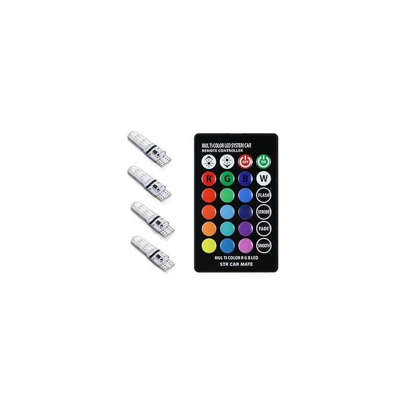 Lot de 4 ampoules LED T10 W5W 194 - En silicone - Changement de couleur - Pour intérieur de voiture - 6 SMD 5050 - Avec télécomm