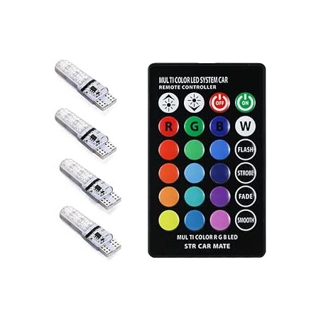 Lot de 4 ampoules LED T10 W5W 194 - En silicone - Changement de couleur - Pour intérieur de voiture - 6 SMD 5050 - Avec télécomm