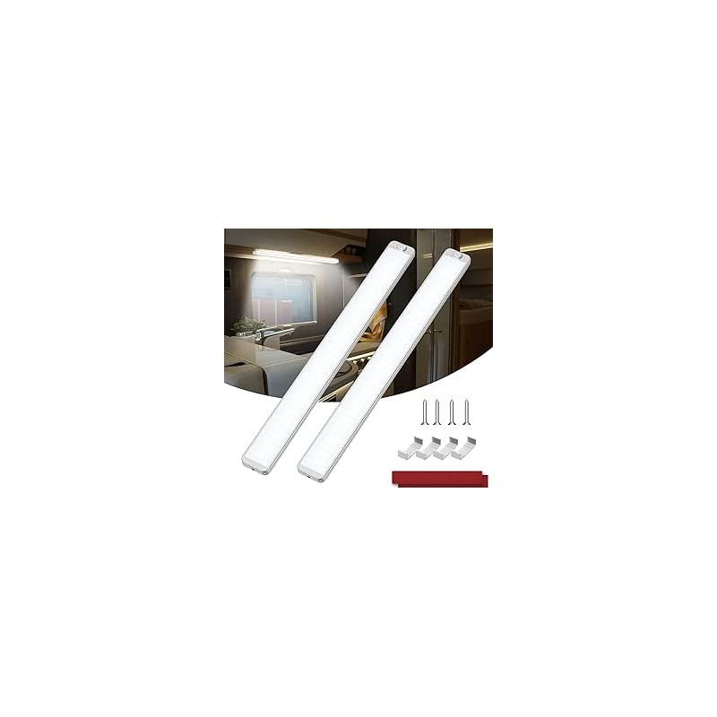 Lot 2 bandes LED 12 V 10 W 2000 lm Avec interrupteur 42 cm 6000 K Pour voitures, camions, bus, caravanes, bateaux, cuisines, cam